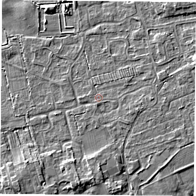 Shaded relief map of the ground around TS95PE, computed from Environment Agency LiDAR. The ground here sits at about 68 m above sea level and falls 5 m across the surrounding 800 m. Surface water reaching this point runs off ground lying to the east, 1.7 m higher.