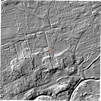 Shaded relief map of the ground around TS95PF, computed from Environment Agency LiDAR. The ground here sits at about 68 m above sea level and falls 6 m across the surrounding 800 m. Surface water reaching this point runs off ground lying to the south-south-east, 2.5 m higher.