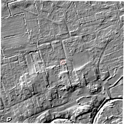 Shaded relief map of the ground around TS95PG, computed from Environment Agency LiDAR. The ground here sits at about 67 m above sea level and falls 6 m across the surrounding 800 m. Surface water reaching this point runs off ground lying to the south-south-east, 2.6 m higher.
