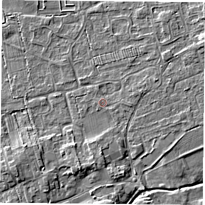 Shaded relief map of the ground around TS95PH, computed from Environment Agency LiDAR. The ground here sits at about 68 m above sea level and falls 6 m across the surrounding 800 m. Surface water reaching this point runs off ground lying to the east-north-east, 1.5 m higher.