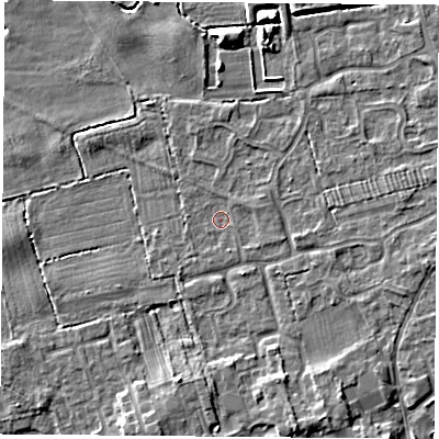Shaded relief map of the ground around TS95PJ, computed from Environment Agency LiDAR. The ground here sits at about 67 m above sea level and falls 6 m across the surrounding 800 m. Surface water reaching this point runs off ground lying to the south-south-east, 3.2 m higher.