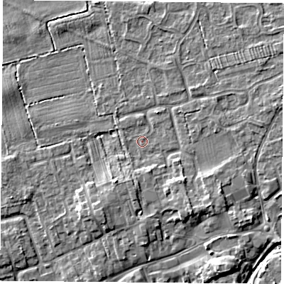 Shaded relief map of the ground around TS95PQ, computed from Environment Agency LiDAR. The ground here sits at about 67 m above sea level and falls 5 m across the surrounding 800 m. Surface water reaching this point runs off ground lying to the south-east, 2.7 m higher.