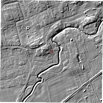 Shaded relief map of the ground around TS95PR, computed from Environment Agency LiDAR. The ground here sits at about 67 m above sea level and falls 7 m across the surrounding 800 m. Surface water reaching this point runs off ground lying to the west-north-west, 2.9 m higher.