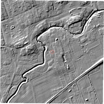 Shaded relief map of the ground around TS95PS, computed from Environment Agency LiDAR. The ground here sits at about 67 m above sea level and falls 9 m across the surrounding 800 m. Surface water reaching this point runs off ground lying to the north-north-east, 3.1 m higher.