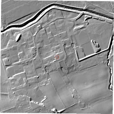 Shaded relief map of the ground around TS95PT, computed from Environment Agency LiDAR. The ground here sits at about 74 m above sea level and falls 19 m across the surrounding 800 m. Surface water reaching this point runs off ground lying to the south-south-west, 1.4 m higher.