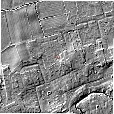 Shaded relief map of the ground around TS95PU, computed from Environment Agency LiDAR. The ground here sits at about 67 m above sea level and falls 6 m across the surrounding 800 m. Surface water reaching this point runs off ground lying to the south-east, 2.0 m higher.