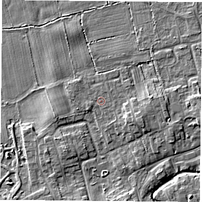 Shaded relief map of the ground around TS95PX, computed from Environment Agency LiDAR. The ground here sits at about 67 m above sea level and falls 6 m across the surrounding 800 m. Surface water reaching this point runs off ground lying to the west-south-west, 1.1 m higher.