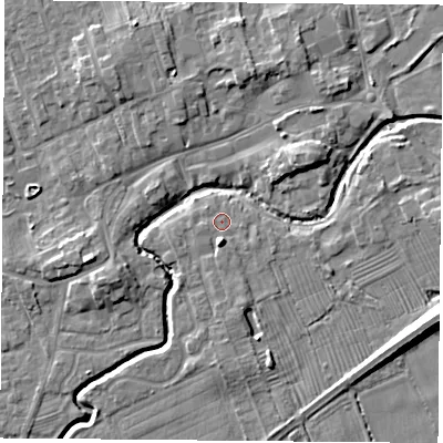 Shaded relief map of the ground around TS95QH, computed from Environment Agency LiDAR. The ground here sits at about 67 m above sea level and falls 10 m across the surrounding 800 m. Surface water reaching this point runs off ground lying to the south, 2.9 m higher.