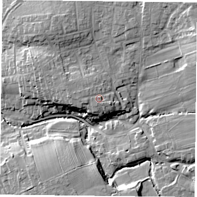 Shaded relief map of the ground around TS96BH, computed from Environment Agency LiDAR. The ground here sits at about 93 m above sea level and falls 18 m across the surrounding 800 m. Surface water reaching this point runs off ground lying to the west-north-west, 2.3 m higher.