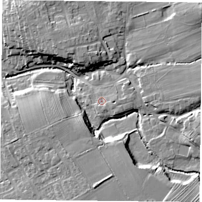 Shaded relief map of the ground around TS96BJ, computed from Environment Agency LiDAR. The ground here sits at about 86 m above sea level and falls 22 m across the surrounding 800 m. Surface water reaching this point runs off ground lying to the east-south-east, 2.5 m higher.