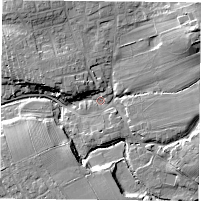 Shaded relief map of the ground around TS96BP, computed from Environment Agency LiDAR. The ground here sits at about 85 m above sea level and falls 24 m across the surrounding 800 m. Surface water reaching this point runs off ground lying to the north-east, 18.4 m higher.