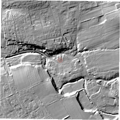 Shaded relief map of the ground around TS96BW, computed from Environment Agency LiDAR. The ground here sits at about 86 m above sea level and falls 21 m across the surrounding 800 m. Surface water reaching this point runs off ground lying to the east-south-east, 1.8 m higher.