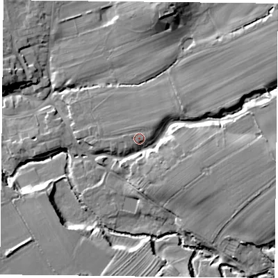 Shaded relief map of the ground around TS96HB, computed from Environment Agency LiDAR. The ground here sits at about 91 m above sea level and falls 19 m across the surrounding 800 m. Surface water reaching this point runs off ground lying to the north-east, 1.4 m higher.