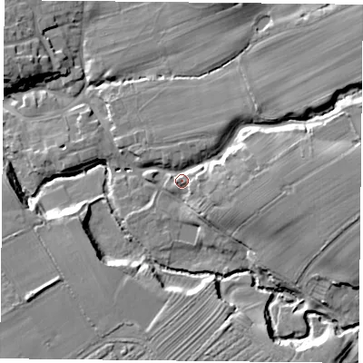 Shaded relief map of the ground around TS96HD, computed from Environment Agency LiDAR. The ground here sits at about 91 m above sea level and falls 17 m across the surrounding 800 m. Surface water reaching this point runs off ground lying to the north-east, 12.2 m higher.