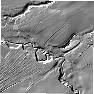 Shaded relief map of the ground around TS96HY, computed from Environment Agency LiDAR. The ground here sits at about 91 m above sea level and falls 18 m across the surrounding 800 m. Surface water reaching this point runs off ground lying to the north-east, 8.5 m higher.