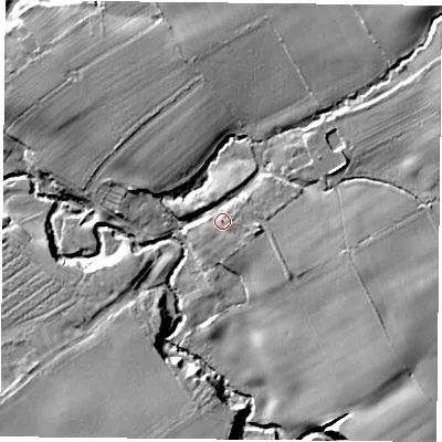 Shaded relief map of the ground around TS96HZ, computed from Environment Agency LiDAR. The ground here sits at about 96 m above sea level and falls 24 m across the surrounding 800 m. Surface water reaching this point runs off ground lying to the east-south-east, 8.5 m higher.