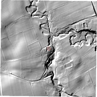 Shaded relief map of the ground around TS96JQ, computed from Environment Agency LiDAR. The ground here sits at about 107 m above sea level and falls 26 m across the surrounding 800 m. Surface water reaching this point runs off ground lying to the west-south-west, 4.3 m higher.