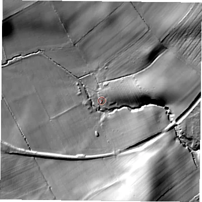 Shaded relief map of the ground around TS96LJ, computed from Environment Agency LiDAR. The ground here sits at about 117 m above sea level and falls 40 m across the surrounding 800 m. Surface water reaching this point runs off ground lying to the east-north-east, 5.2 m higher.