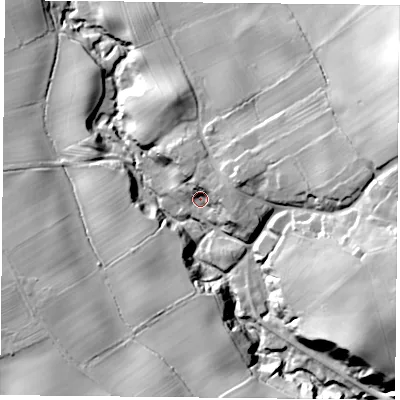 Shaded relief map of the ground around TS96LX, computed from Environment Agency LiDAR. The ground here sits at about 121 m above sea level and falls 38 m across the surrounding 800 m. Surface water reaching this point runs off ground lying to the east, 10.6 m higher.