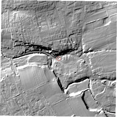 Shaded relief map of the ground around TS96NB, computed from Environment Agency LiDAR. The ground here sits at about 83 m above sea level and falls 18 m across the surrounding 800 m. Surface water reaching this point runs off ground lying to the north-east, 14.4 m higher.