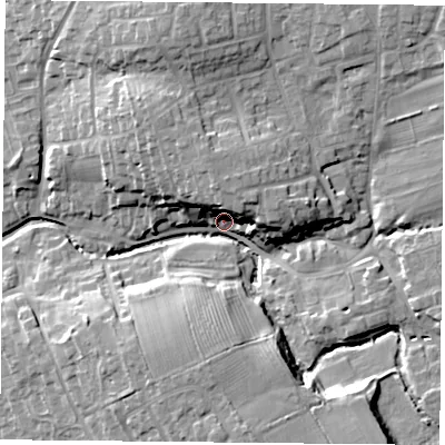 Shaded relief map of the ground around TS96NF, computed from Environment Agency LiDAR. The ground here sits at about 83 m above sea level and falls 16 m across the surrounding 800 m. Surface water reaching this point runs off ground lying to the north-north-west, 14.6 m higher.