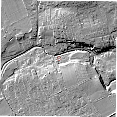 Shaded relief map of the ground around TS96NG, computed from Environment Agency LiDAR. The ground here sits at about 81 m above sea level and falls 16 m across the surrounding 800 m. Surface water reaching this point runs off ground lying to the north-east, 14.6 m higher.