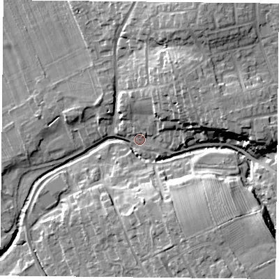 Shaded relief map of the ground around TS96NH, computed from Environment Agency LiDAR. The ground here sits at about 81 m above sea level and falls 19 m across the surrounding 800 m. Surface water reaching this point runs off ground lying to the north-east, 12.8 m higher.