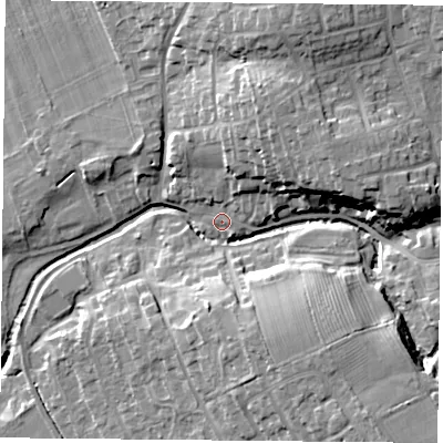 Shaded relief map of the ground around TS96NJ, computed from Environment Agency LiDAR. The ground here sits at about 82 m above sea level and falls 19 m across the surrounding 800 m. Surface water reaching this point runs off ground lying to the north-north-east, 12.3 m higher.