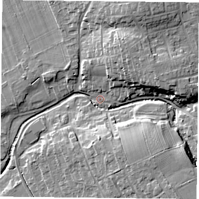 Shaded relief map of the ground around TS96NL, computed from Environment Agency LiDAR. The ground here sits at about 81 m above sea level and falls 19 m across the surrounding 800 m. Surface water reaching this point runs off ground lying to the north-north-east, 13.0 m higher.