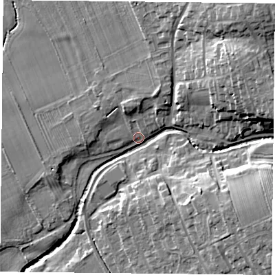Shaded relief map of the ground around TS96NN, computed from Environment Agency LiDAR. The ground here sits at about 81 m above sea level and falls 20 m across the surrounding 800 m. Surface water reaching this point runs off ground lying to the north-east, 16.0 m higher.