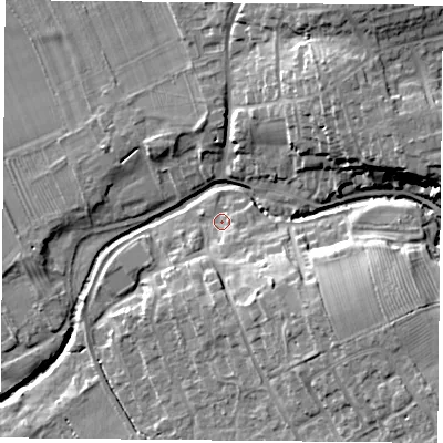 Shaded relief map of the ground around TS96NP, computed from Environment Agency LiDAR. The ground here sits at about 81 m above sea level and falls 19 m across the surrounding 800 m. Surface water reaching this point runs off ground lying to the south-south-east, 2.4 m higher.