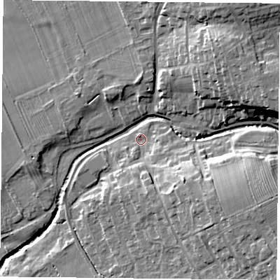 Shaded relief map of the ground around TS96NR, computed from Environment Agency LiDAR. The ground here sits at about 80 m above sea level and falls 19 m across the surrounding 800 m. Surface water reaching this point runs off ground lying to the south-east, 8.8 m higher.