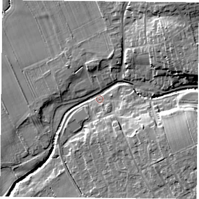 Shaded relief map of the ground around TS96NW, computed from Environment Agency LiDAR. The ground here sits at about 80 m above sea level and falls 19 m across the surrounding 800 m. Surface water reaching this point runs off ground lying to the east-north-east, 15.5 m higher.