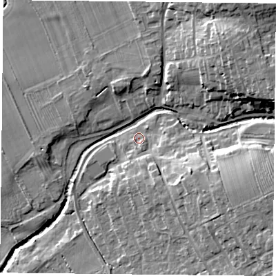 Shaded relief map of the ground around TS96NY, computed from Environment Agency LiDAR. The ground here sits at about 81 m above sea level and falls 19 m across the surrounding 800 m. Surface water reaching this point runs off ground lying to the south-east, 8.8 m higher.