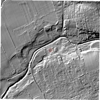 Shaded relief map of the ground around TS96PA, computed from Environment Agency LiDAR. The ground here sits at about 81 m above sea level and falls 19 m across the surrounding 800 m. Surface water reaching this point runs off ground lying to the south-south-east, 4.3 m higher.