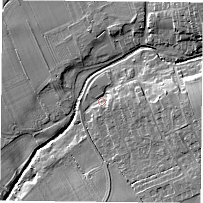 Shaded relief map of the ground around TS96PF, computed from Environment Agency LiDAR. The ground here sits at about 80 m above sea level and falls 19 m across the surrounding 800 m. Surface water reaching this point runs off ground lying to the east, 6.0 m higher.