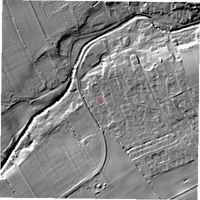 Shaded relief map of the ground around TS96PG, computed from Environment Agency LiDAR. The ground here sits at about 81 m above sea level and falls 17 m across the surrounding 800 m. Surface water reaching this point runs off ground lying to the east-north-east, 10.0 m higher.