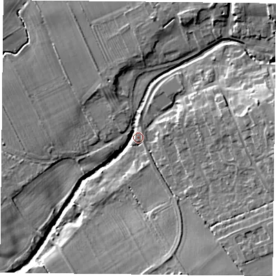 Shaded relief map of the ground around TS96PH, computed from Environment Agency LiDAR. The ground here sits at about 80 m above sea level and falls 15 m across the surrounding 800 m. Surface water reaching this point runs off ground lying to the east, 13.6 m higher.