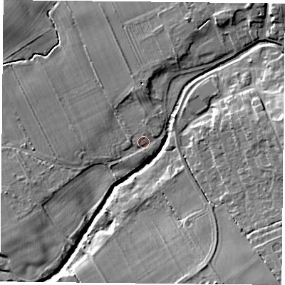Shaded relief map of the ground around TS96PJ, computed from Environment Agency LiDAR. The ground here sits at about 79 m above sea level and falls 13 m across the surrounding 800 m. Surface water reaching this point runs off ground lying to the north, 2.8 m higher.