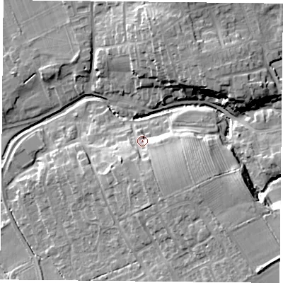 Shaded relief map of the ground around TS96PL, computed from Environment Agency LiDAR. The ground here sits at about 85 m above sea level and falls 16 m across the surrounding 800 m. Surface water reaching this point runs off ground lying to the south-south-east, 8.3 m higher.