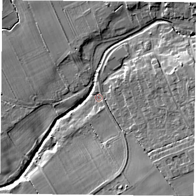 Shaded relief map of the ground around TS96PU, computed from Environment Agency LiDAR. The ground here sits at about 79 m above sea level and falls 16 m across the surrounding 800 m. Surface water reaching this point runs off ground lying to the east-north-east, 10.8 m higher.
