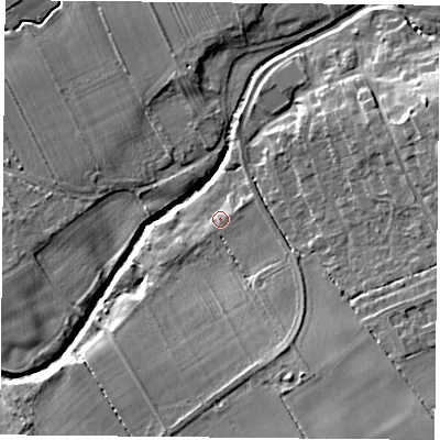 Shaded relief map of the ground around TS96PX, computed from Environment Agency LiDAR. The ground here sits at about 80 m above sea level and falls 15 m across the surrounding 800 m. Surface water reaching this point runs off ground lying to the east-north-east, 1.9 m higher.