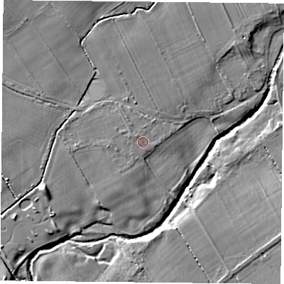 Shaded relief map of the ground around TS96PY, computed from Environment Agency LiDAR. The ground here sits at about 79 m above sea level and falls 10 m across the surrounding 800 m. Surface water reaching this point runs off ground lying to the north-north-east, 0.6 m higher.