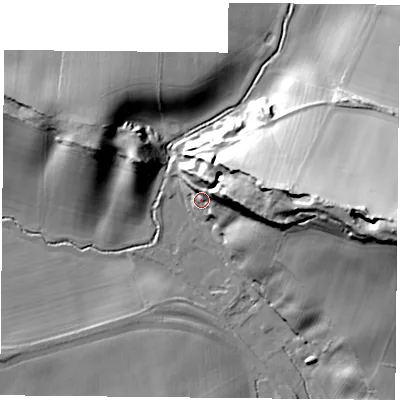 Shaded relief map of the ground around TS96QG, computed from Environment Agency LiDAR. The ground here sits at about 88 m above sea level and falls 47 m across the surrounding 800 m. Surface water reaching this point runs off ground lying to the east-north-east, 35.4 m higher.