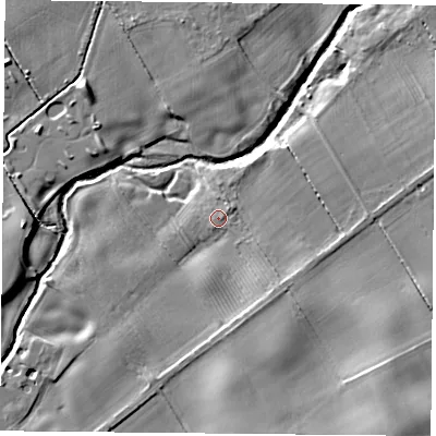 Shaded relief map of the ground around TS96RL, computed from Environment Agency LiDAR. The ground here sits at about 79 m above sea level and falls 16 m across the surrounding 800 m. Surface water reaching this point runs off ground lying to the north-east, 0.8 m higher.