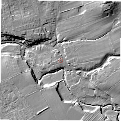 Shaded relief map of the ground around TS96SH, computed from Environment Agency LiDAR. The ground here sits at about 88 m above sea level and falls 23 m across the surrounding 800 m. Surface water reaching this point runs off ground lying to the east, 1.3 m higher.