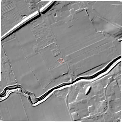 Shaded relief map of the ground around TS97AA, computed from Environment Agency LiDAR. The ground here sits at about 68 m above sea level and falls 11 m across the surrounding 800 m. Surface water reaching this point runs off ground lying to the east-north-east, 1.5 m higher.