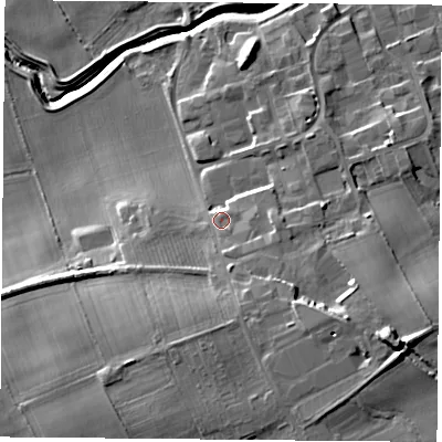 Shaded relief map of the ground around TS97AB, computed from Environment Agency LiDAR. The ground here sits at about 75 m above sea level and falls 20 m across the surrounding 800 m. Surface water reaching this point runs off ground lying to the south-east, 9.3 m higher.