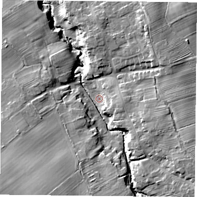 Shaded relief map of the ground around TS97EE, computed from Environment Agency LiDAR. The ground here sits at about 86 m above sea level and falls 18 m across the surrounding 800 m. Surface water reaching this point runs off ground lying to the east-south-east, 14.1 m higher.