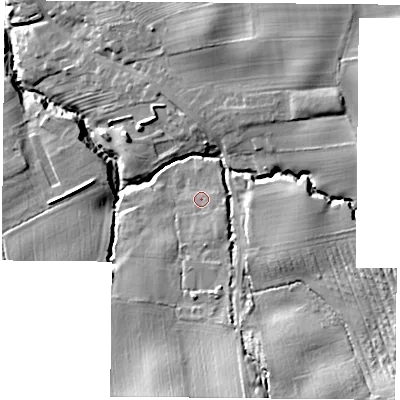 Shaded relief map of the ground around TS97HE, computed from Environment Agency LiDAR. The ground here sits at about 96 m above sea level and falls 22 m across the surrounding 800 m. Surface water reaching this point runs off ground lying to the south-east, 2.2 m higher.